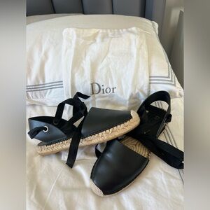 Authentic Christian Dior Black Leather Espadrille Tie Sandals – Size 39.5